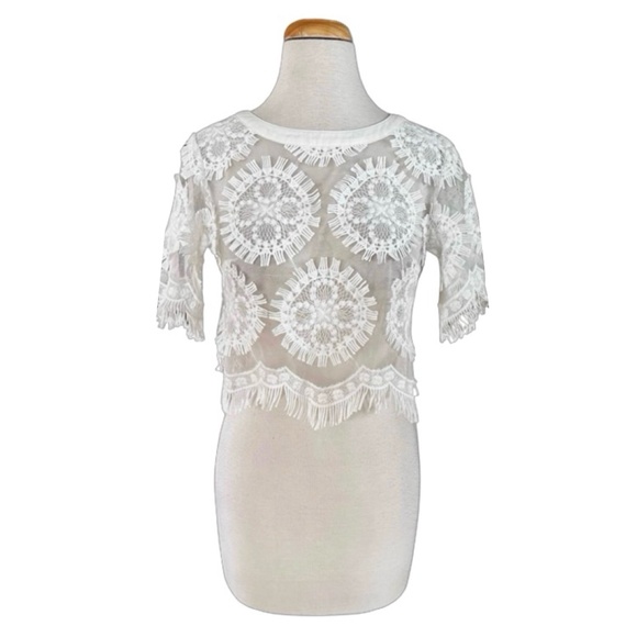 GRACIA Women’s White Sheer Lace Crop Blouse Size S Embroidery Appliques - Picture 1 of 5